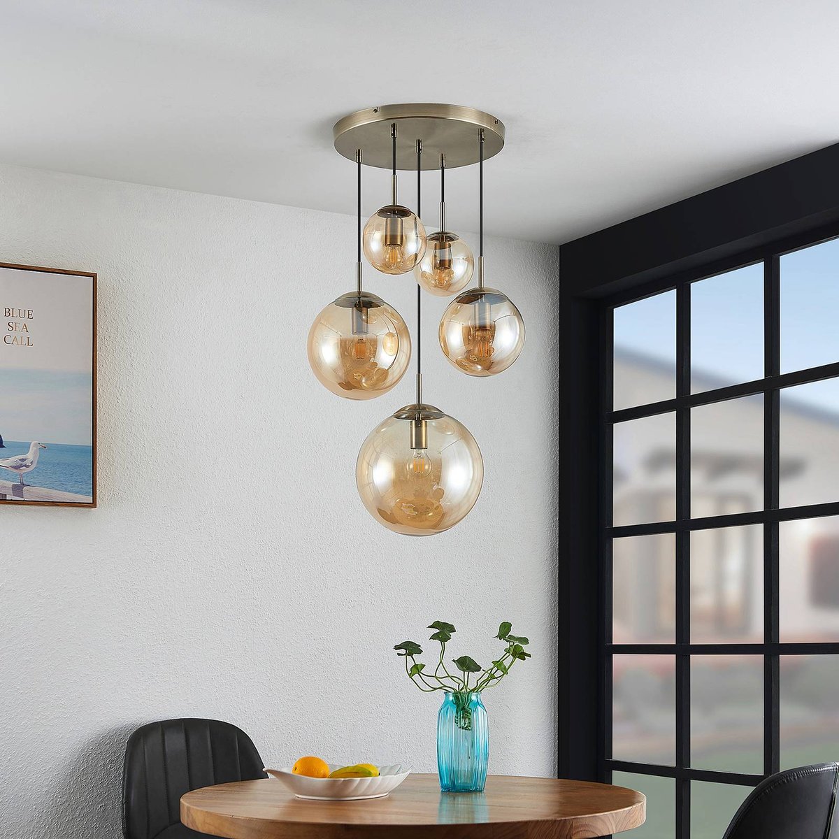 Suspension en verre vintage, Teeja ambre, laiton ancien, LINDBY