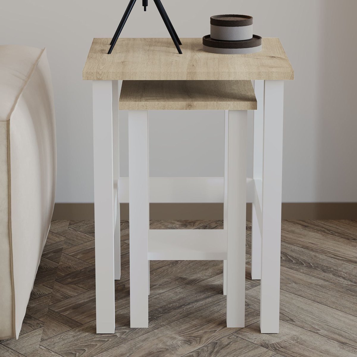 Lot de 2 tables gigognes effet bois LINO blanc, TOILINUX