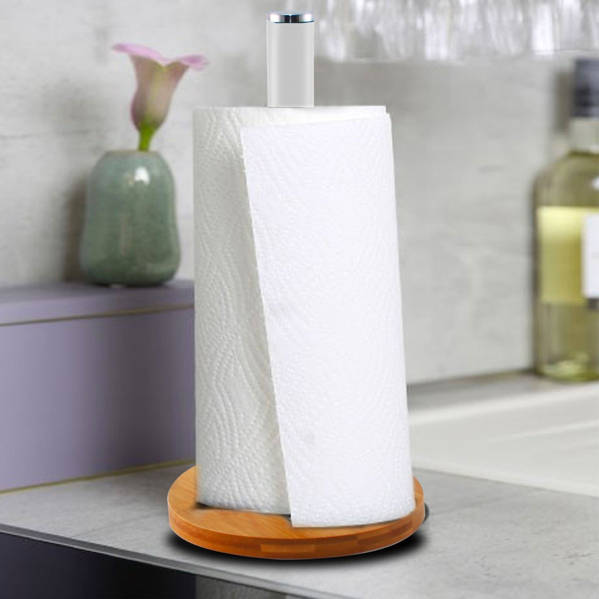 Porte rouleau essuie-tout bambou blanc 15x15x34cm blanc, WADIGA