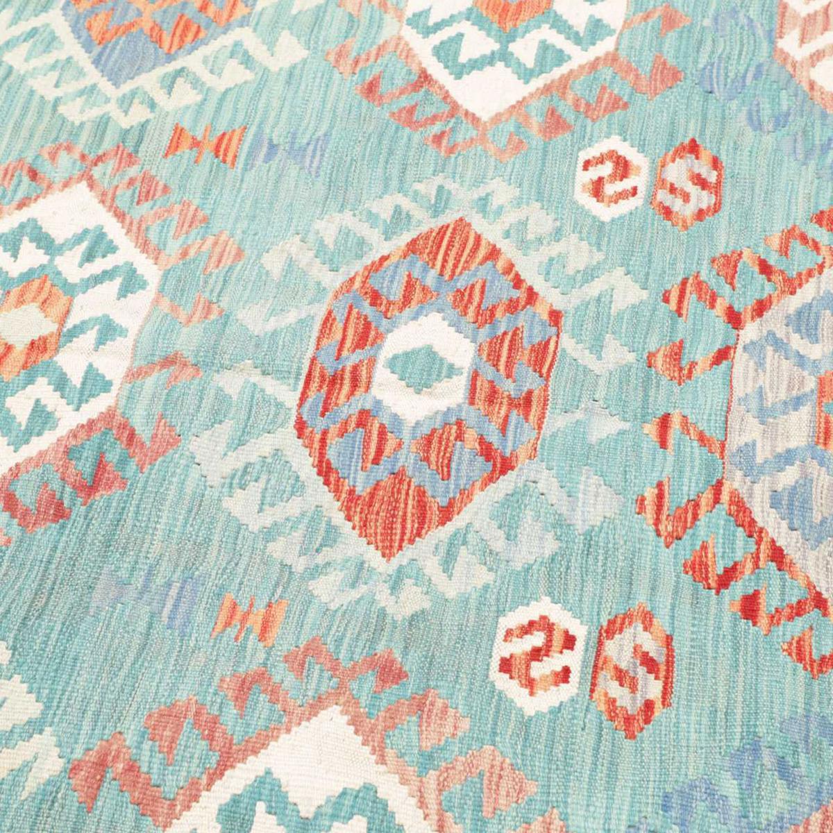 Tapis kilim géométrique, tissé à plat, en laine naturelle bleu, blanc, orange, UN AMOUR DE TAPIS