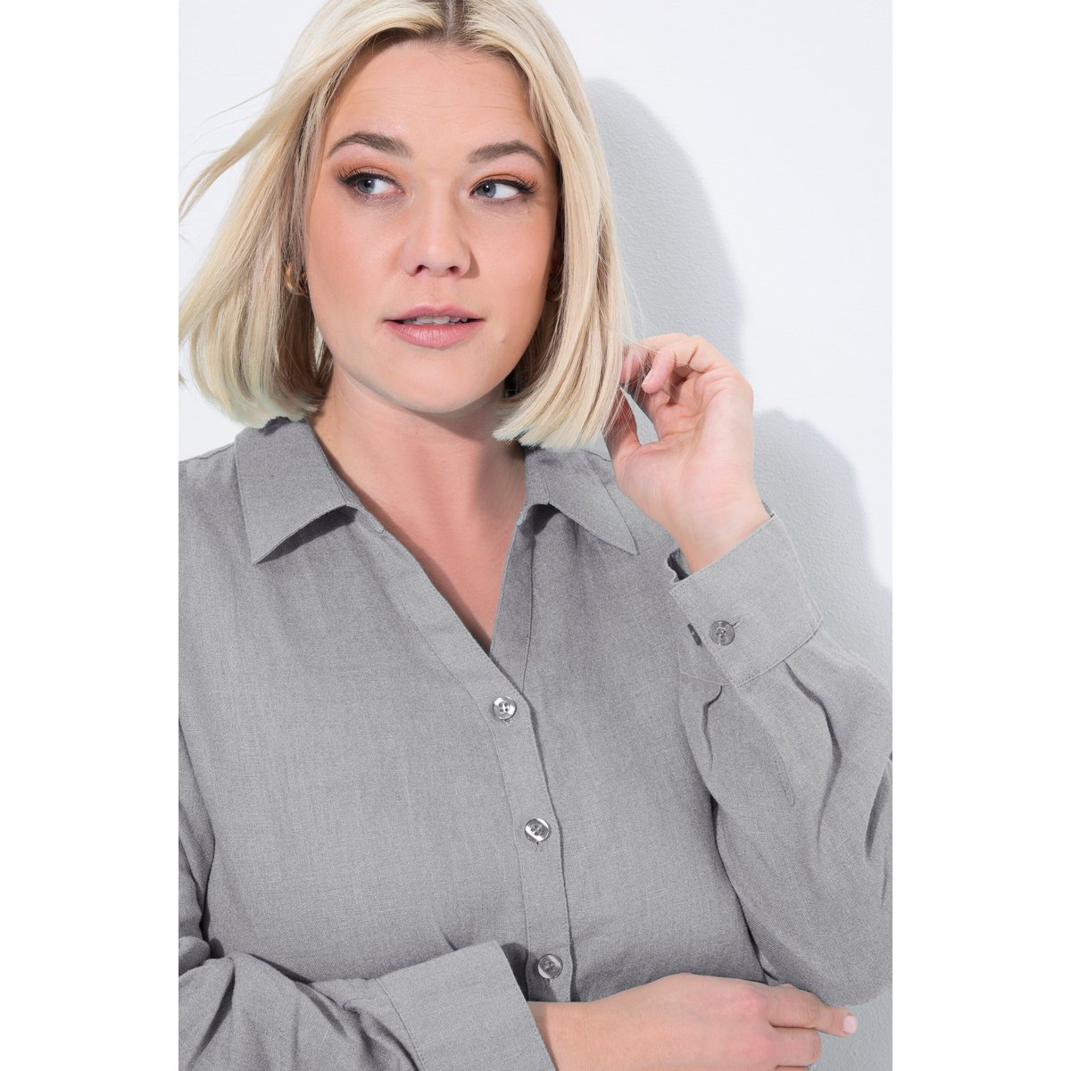 Chemise, pur lin, col ouvert, rabat gris clair chiné, ULLA POPKEN
