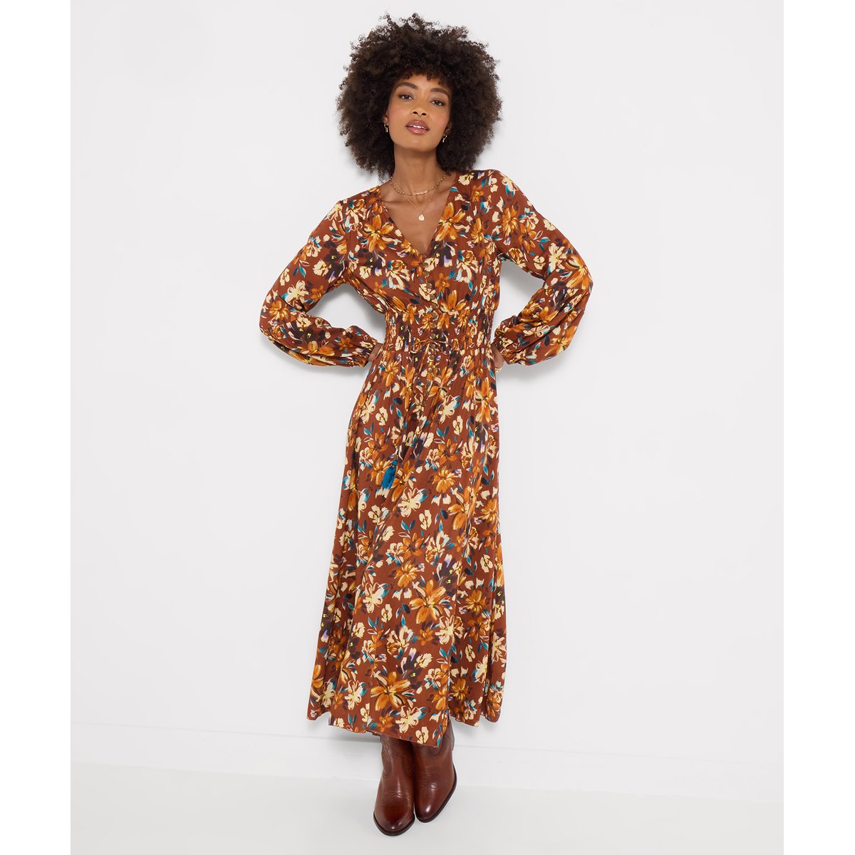 Robe Longue Fleurie à Empiècement en Dentelle Sienna marron, JOE BROWNS