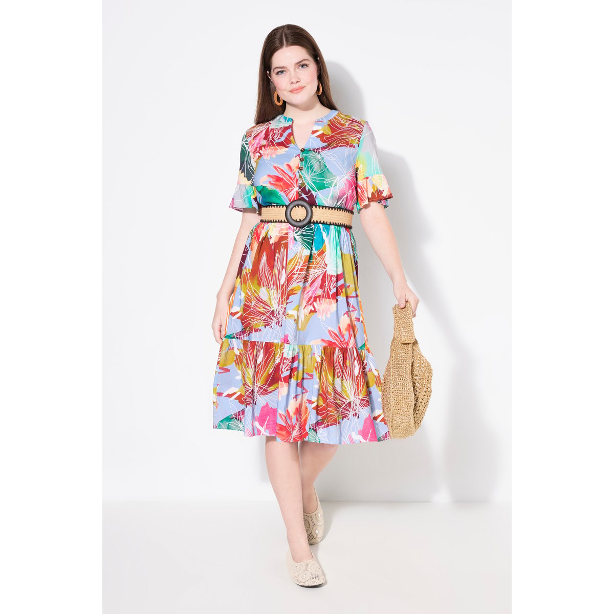 Robe-tunique à volants.Ccol montant bleu ciel, ULLA POPKEN