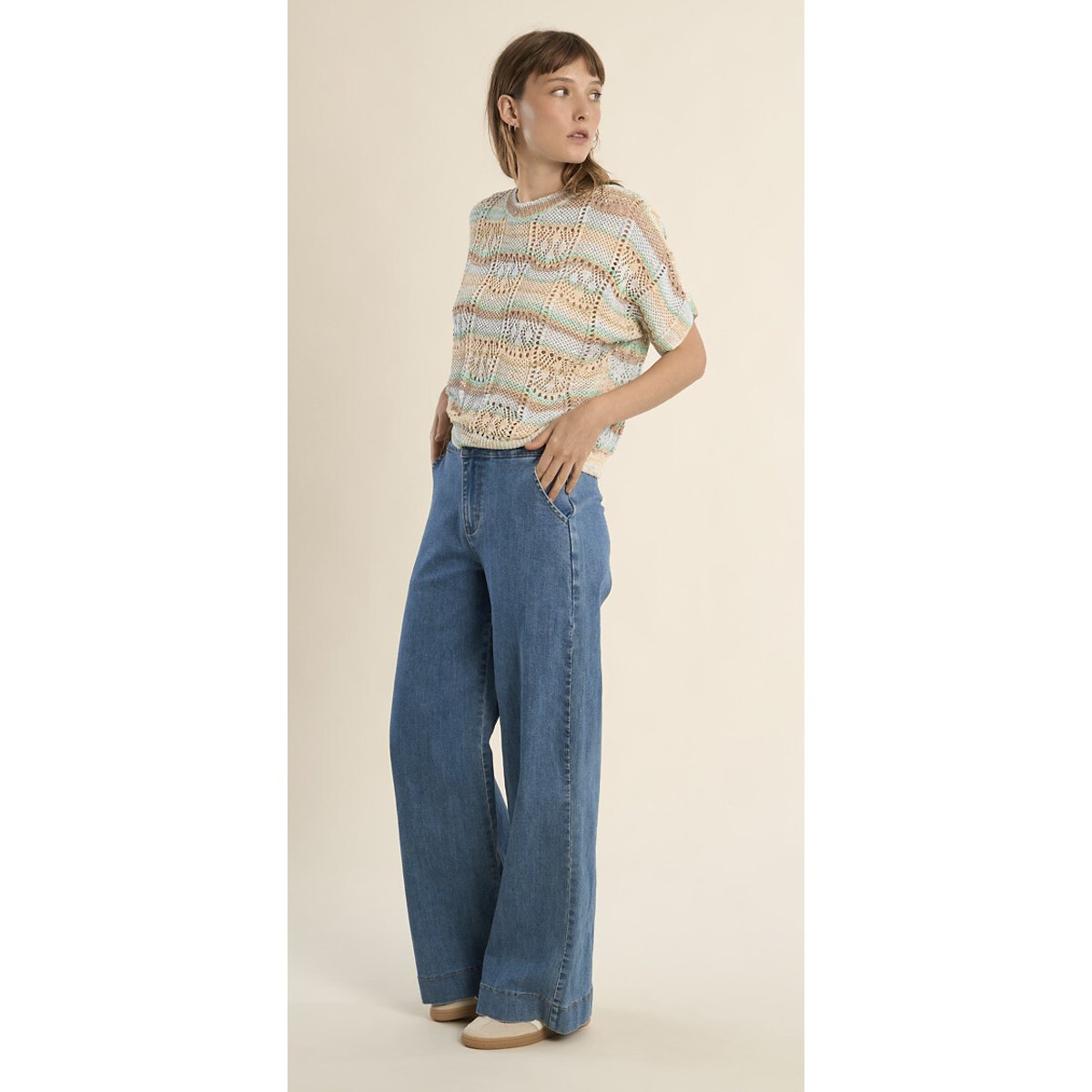 Pull ajouré manches courtes vert/bleu, MOLLY BRACKEN