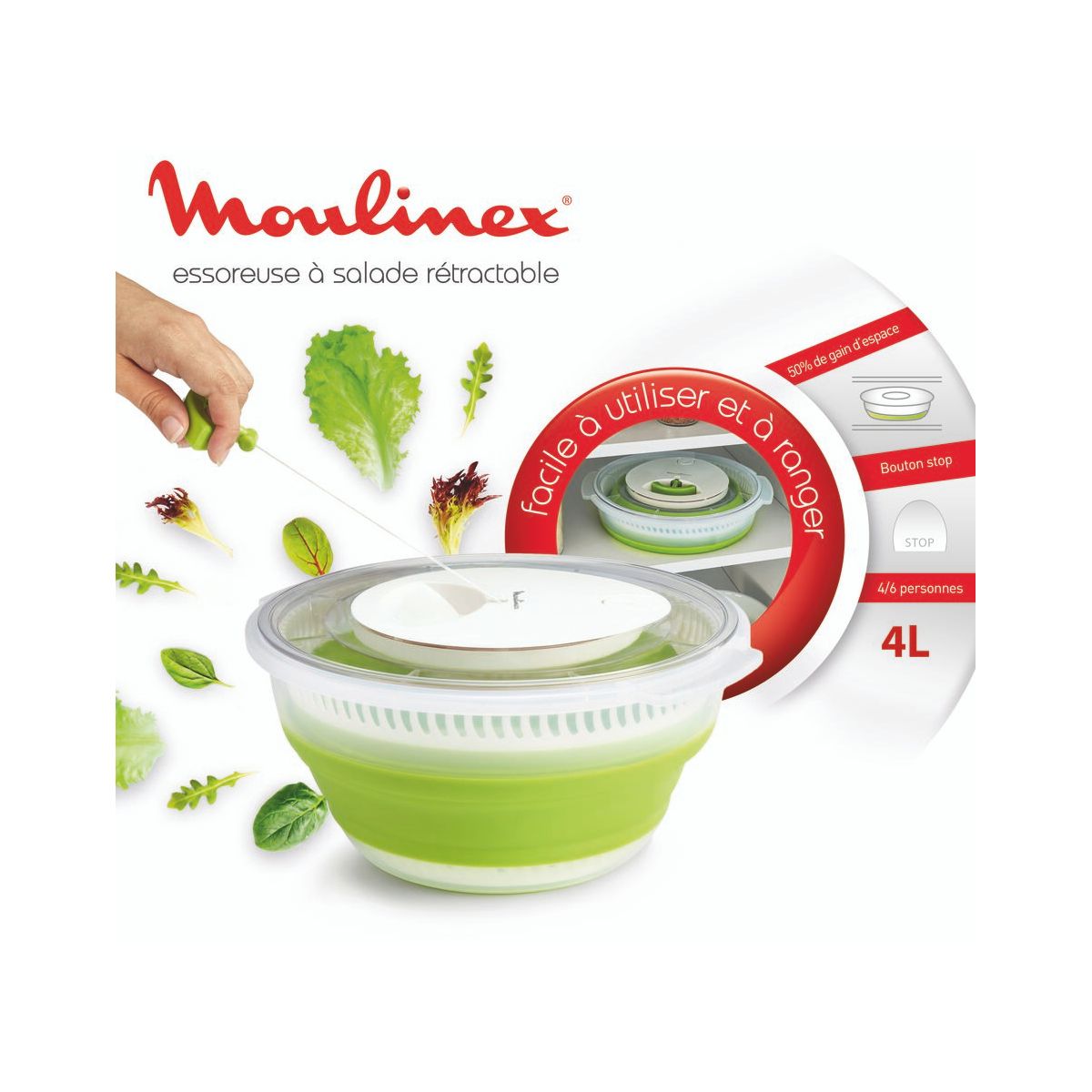 Essoreuse à salade rétractable 4L couleur unique, MOULINEX