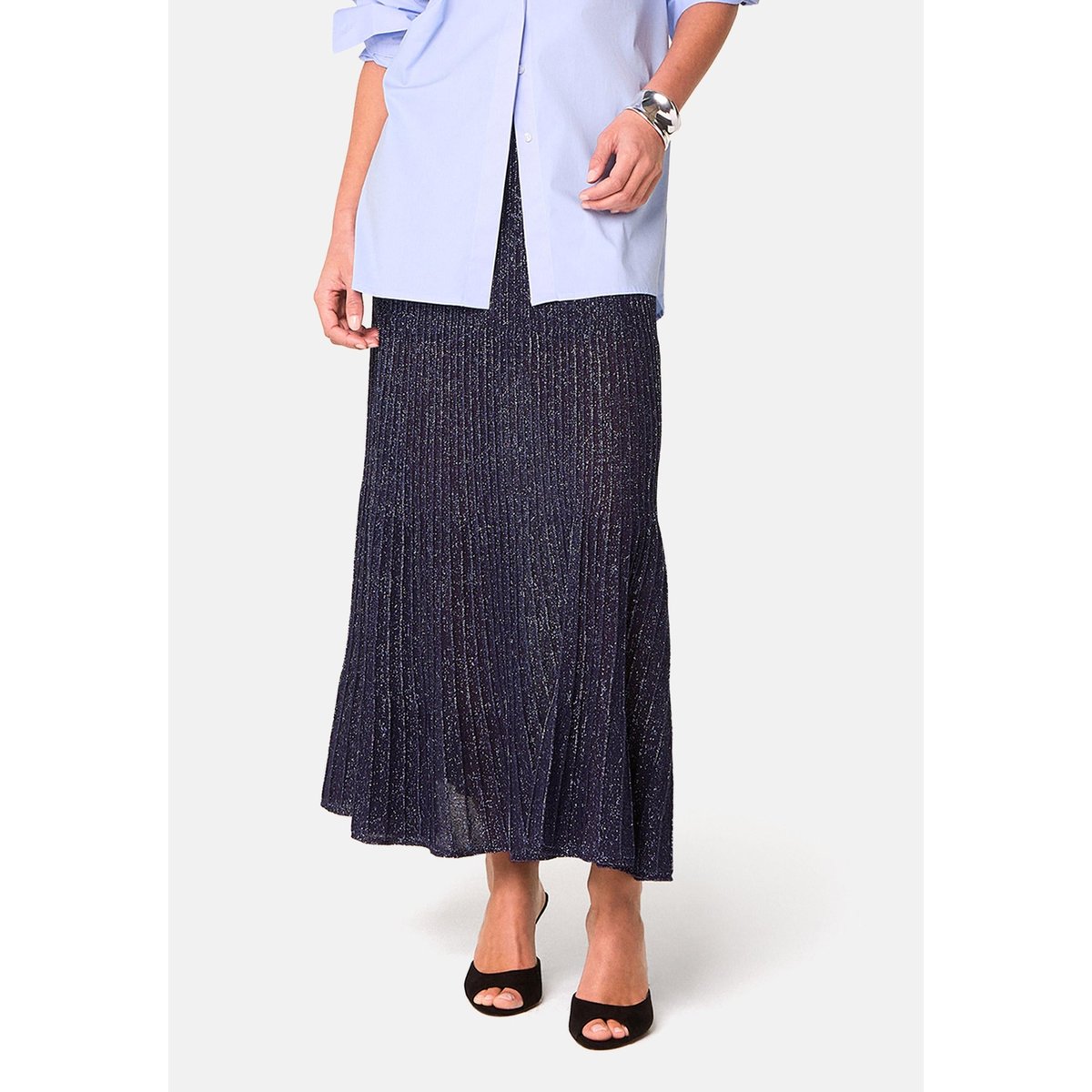 Jupe plissée longue en maille fil textile bleu marine, RODIER