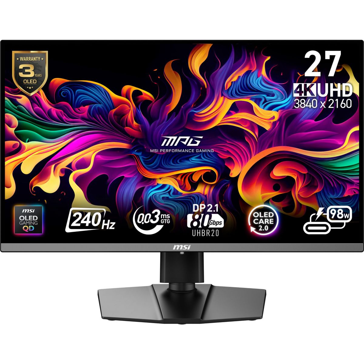 Ecran PC Gamer MPG 272URX 27" 4K 240Hz QD-OLED HDR True Black 400 HDMI 2.1 USB-C 90W Adaptive-Sync couleur unique, MSI