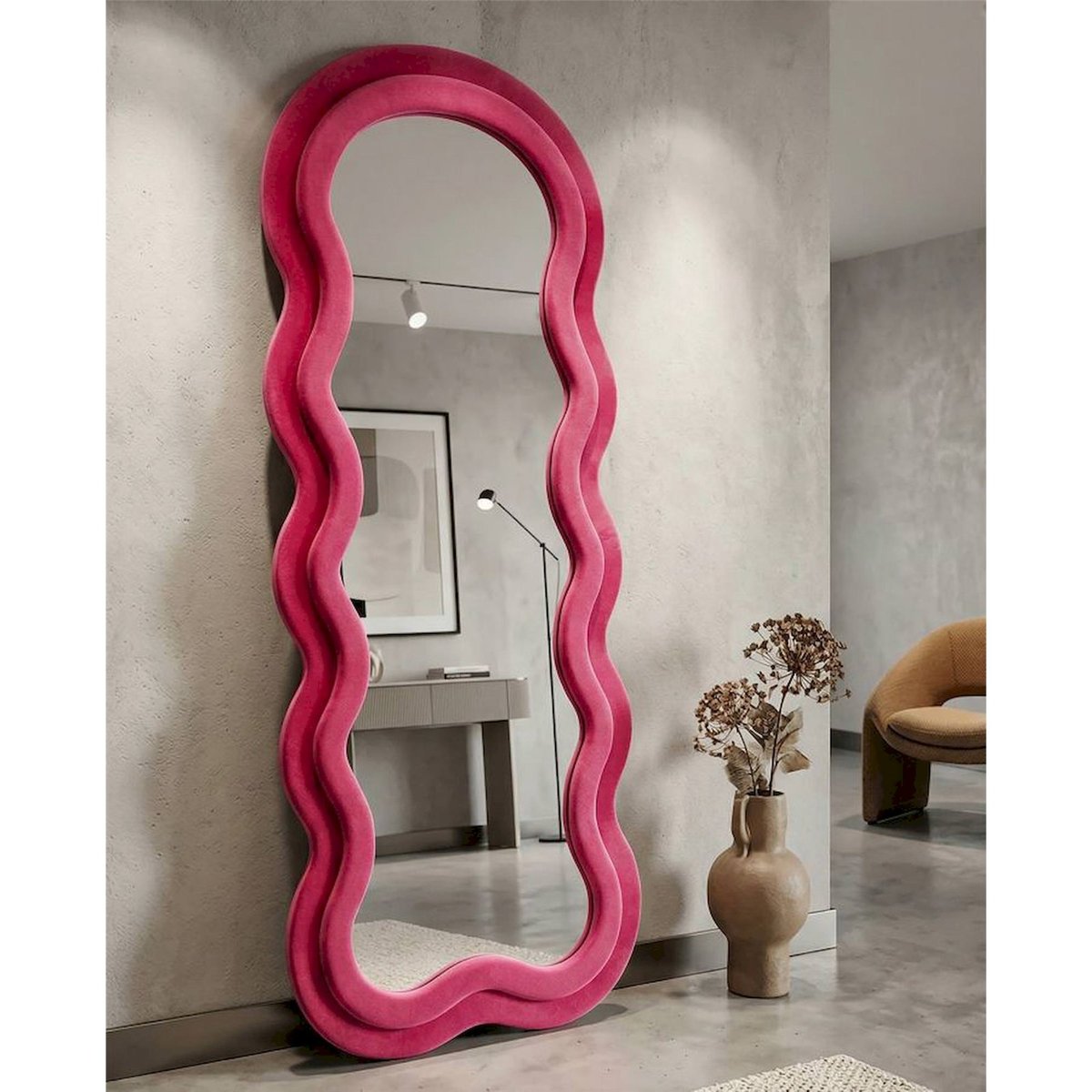 Miroir mural ondulé cadre en velours GLAM fuchsia, RECOLLECTION