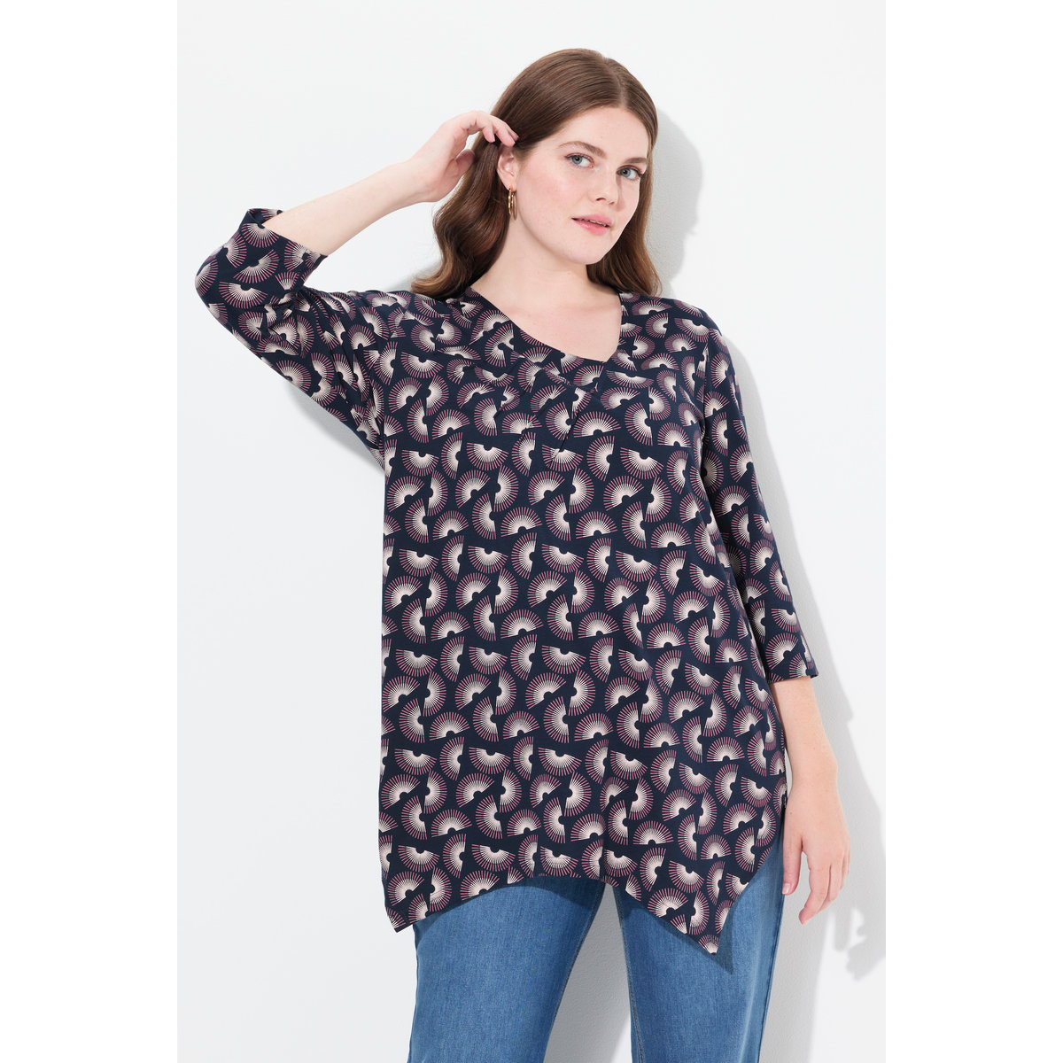 T-shirt long en coton bio marine, ULLA POPKEN