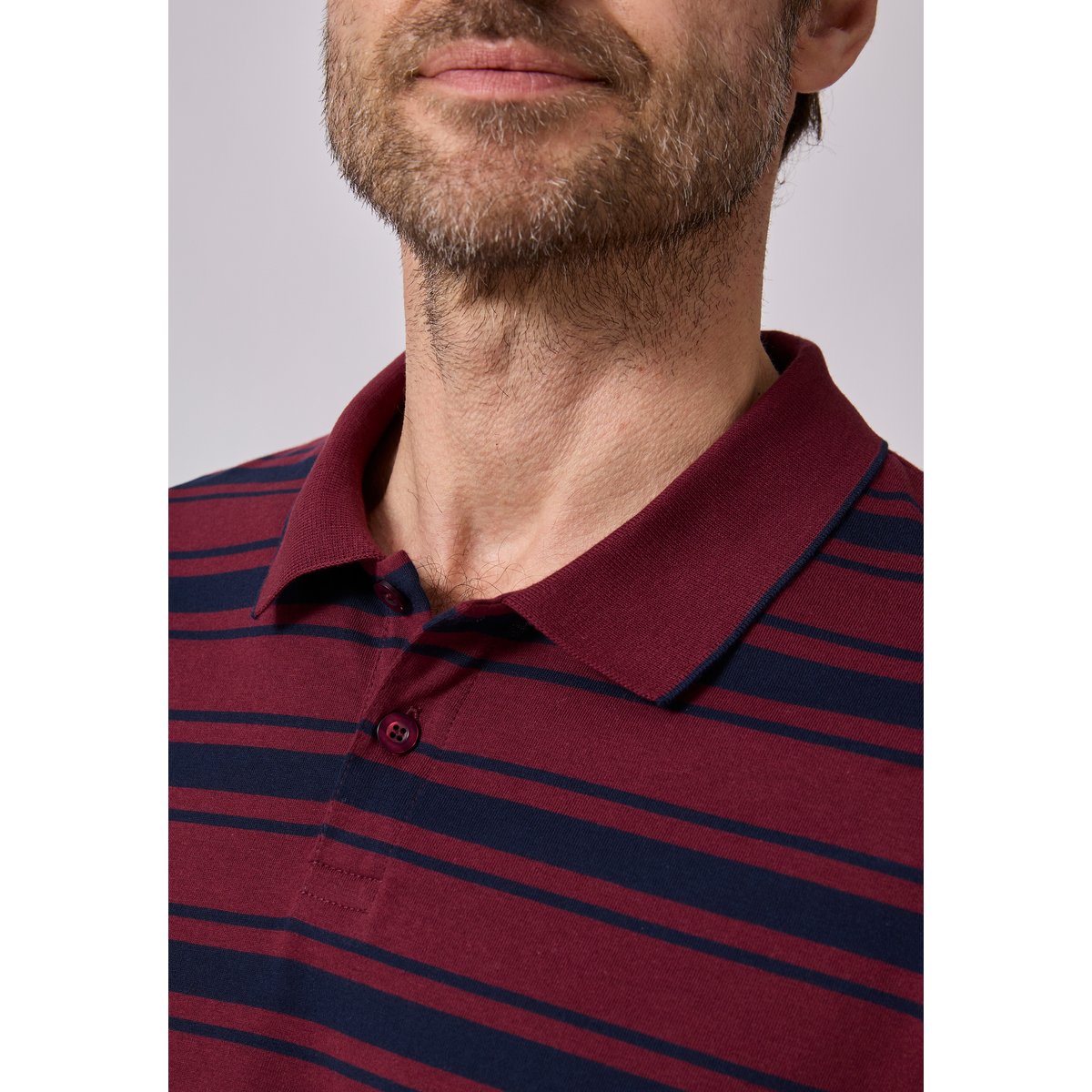 Polo manches longues en maille jersey rouge bordeaux rayé, DAMART