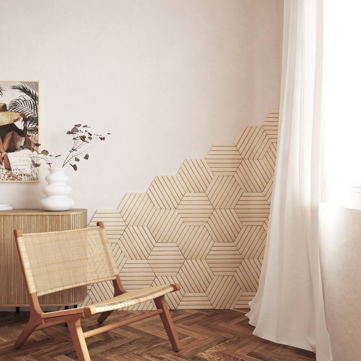 Lot de 3 panneaux décoratifs hexagonaux acoustiques effet bois COLVA beige, ATMOSPHERA
