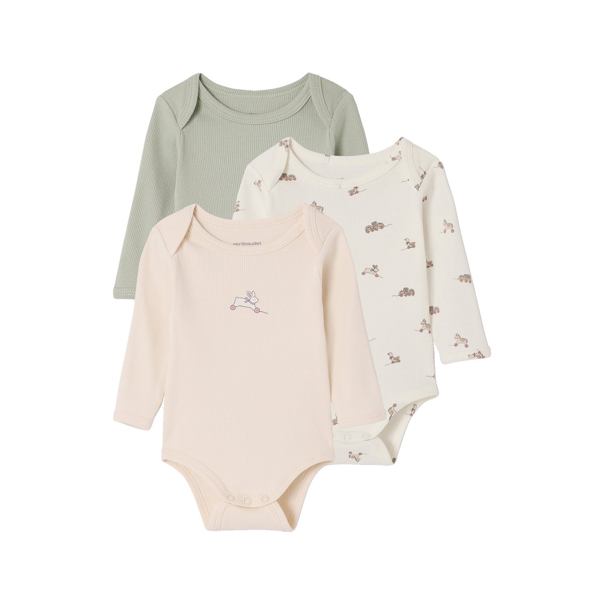 Lot 3 bodies manches longue vert sauge, VERTBAUDET