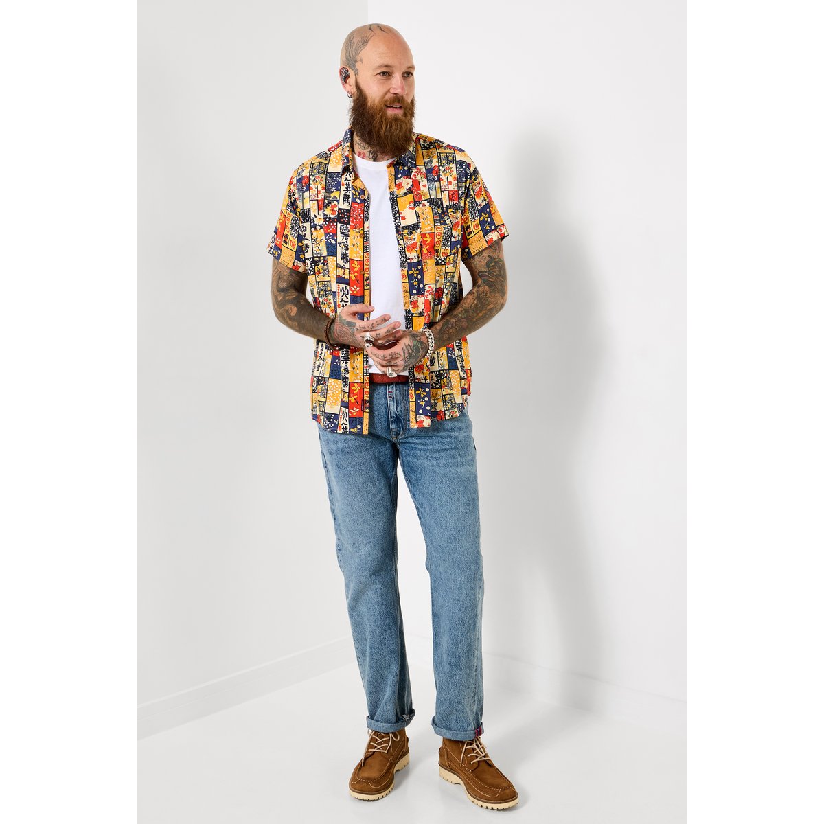 Chemise patchwork d’inspiration japonaise orange, JOE BROWNS