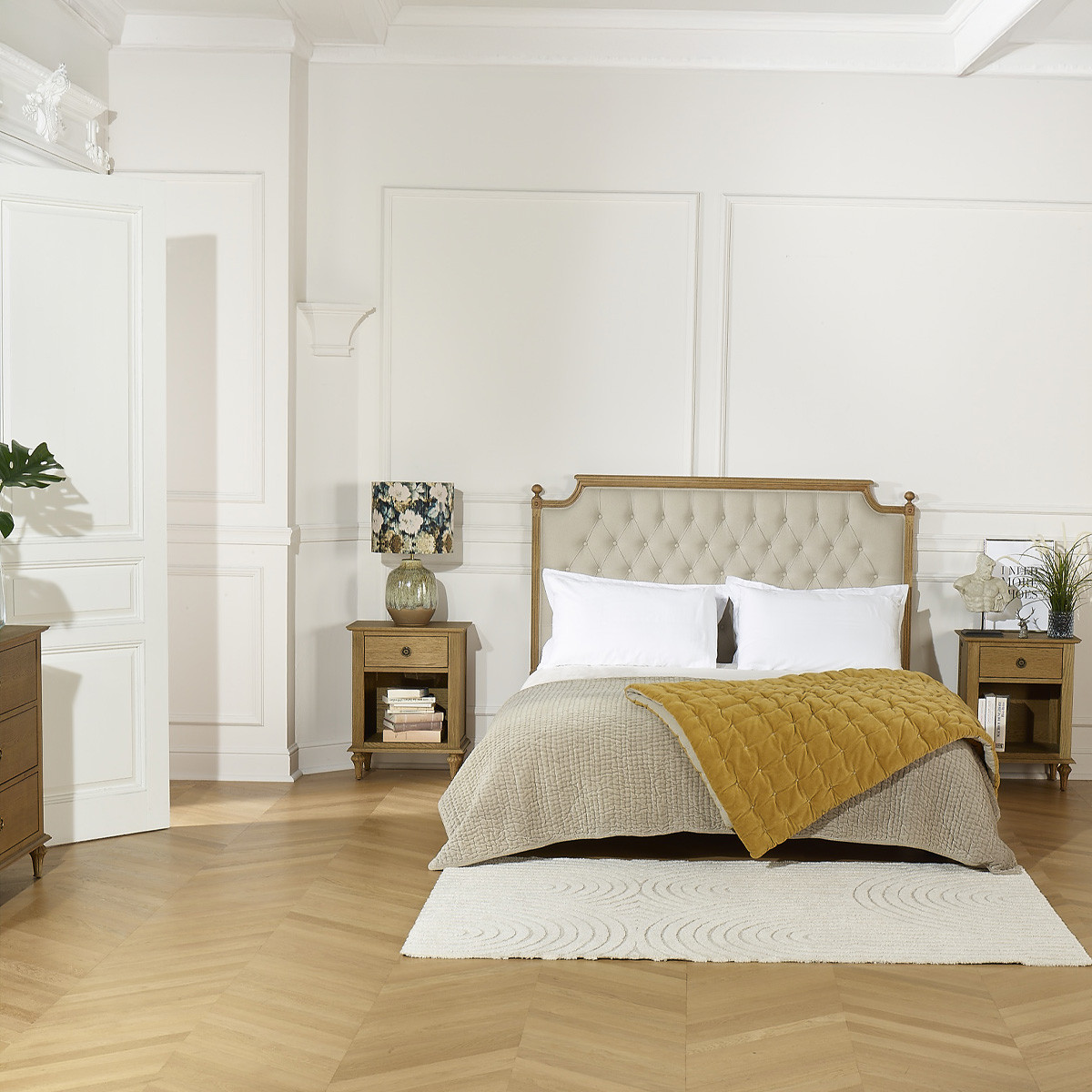 Tête de lit 160 cm style shabby chic en chêne et lin VENICE ficelle, ROBIN DES BOIS