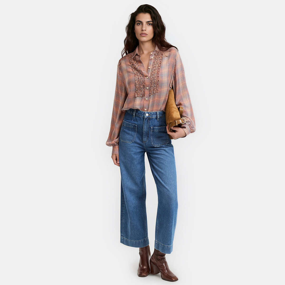 Chemise col rond, à carreaux et volants, manches longues carreaux, LA REDOUTE COLLECTIONS
