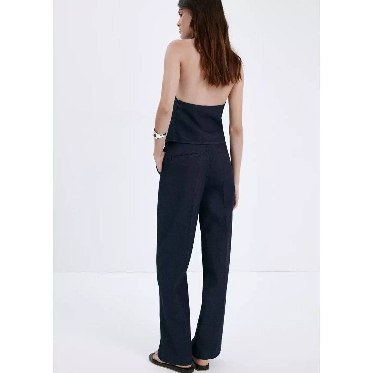 Pantalon en denim taille haute bleu, MANGO