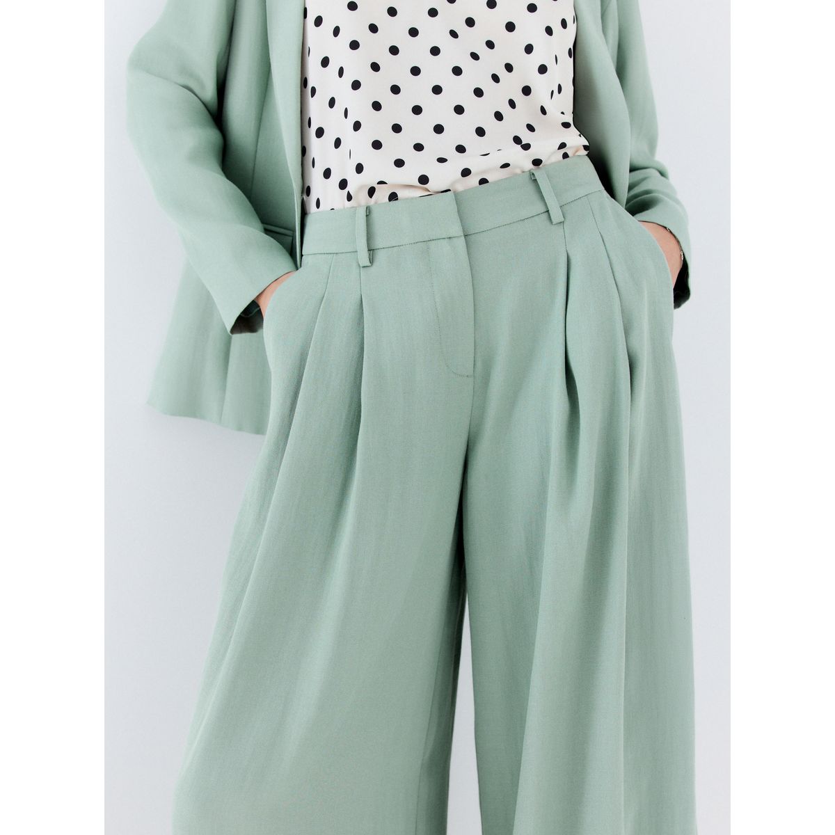 Pantalon palazzo effet froissé vert sauge, NEXT