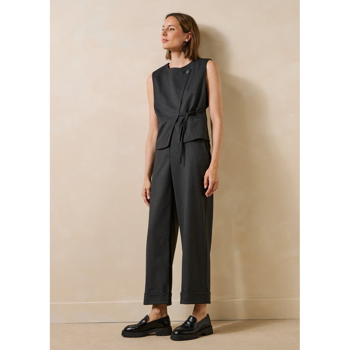 Pantalon droit rayé anthracite, LA FEE MARABOUTEE