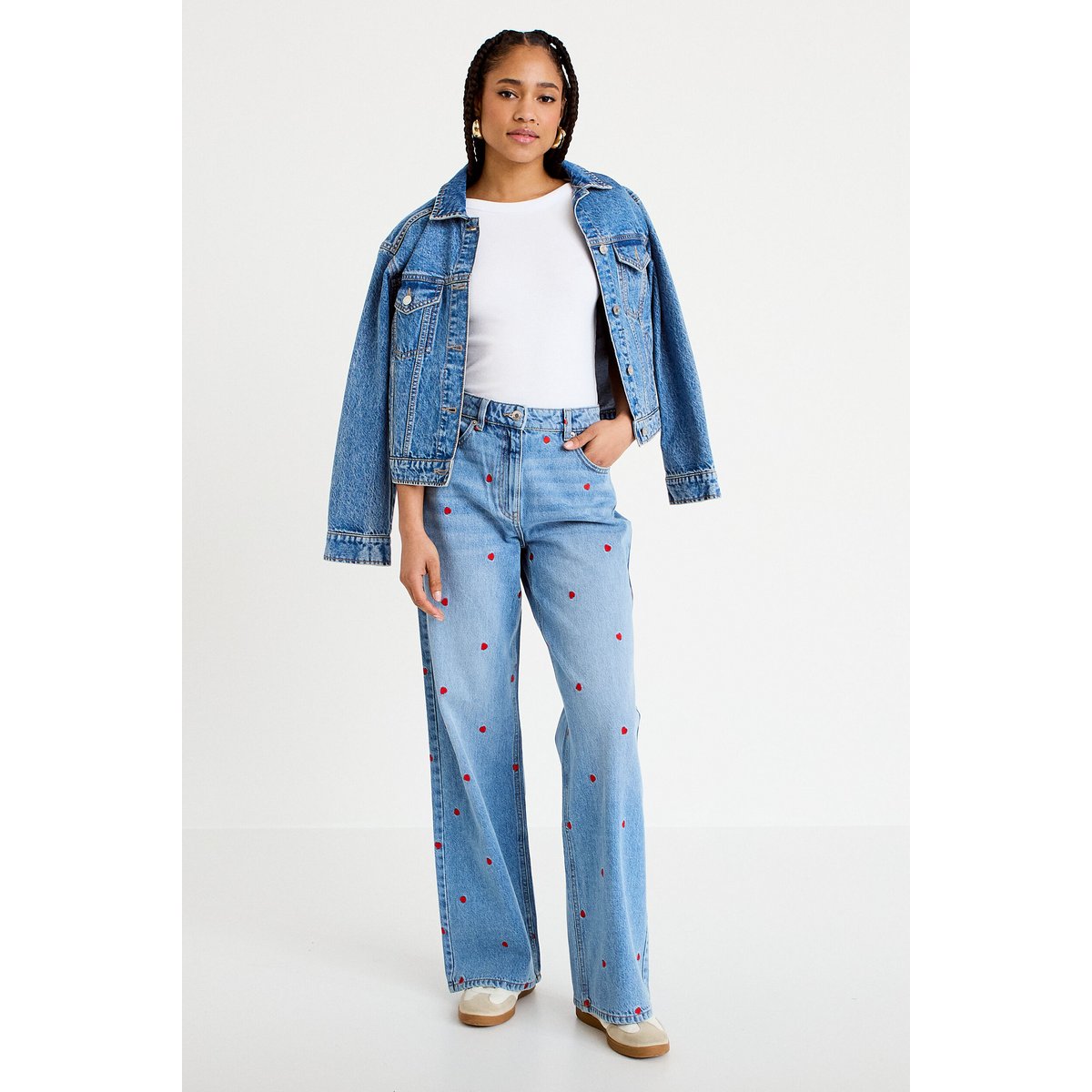 Jean wide leg taille haute brodé denim double stone, CACHE CACHE