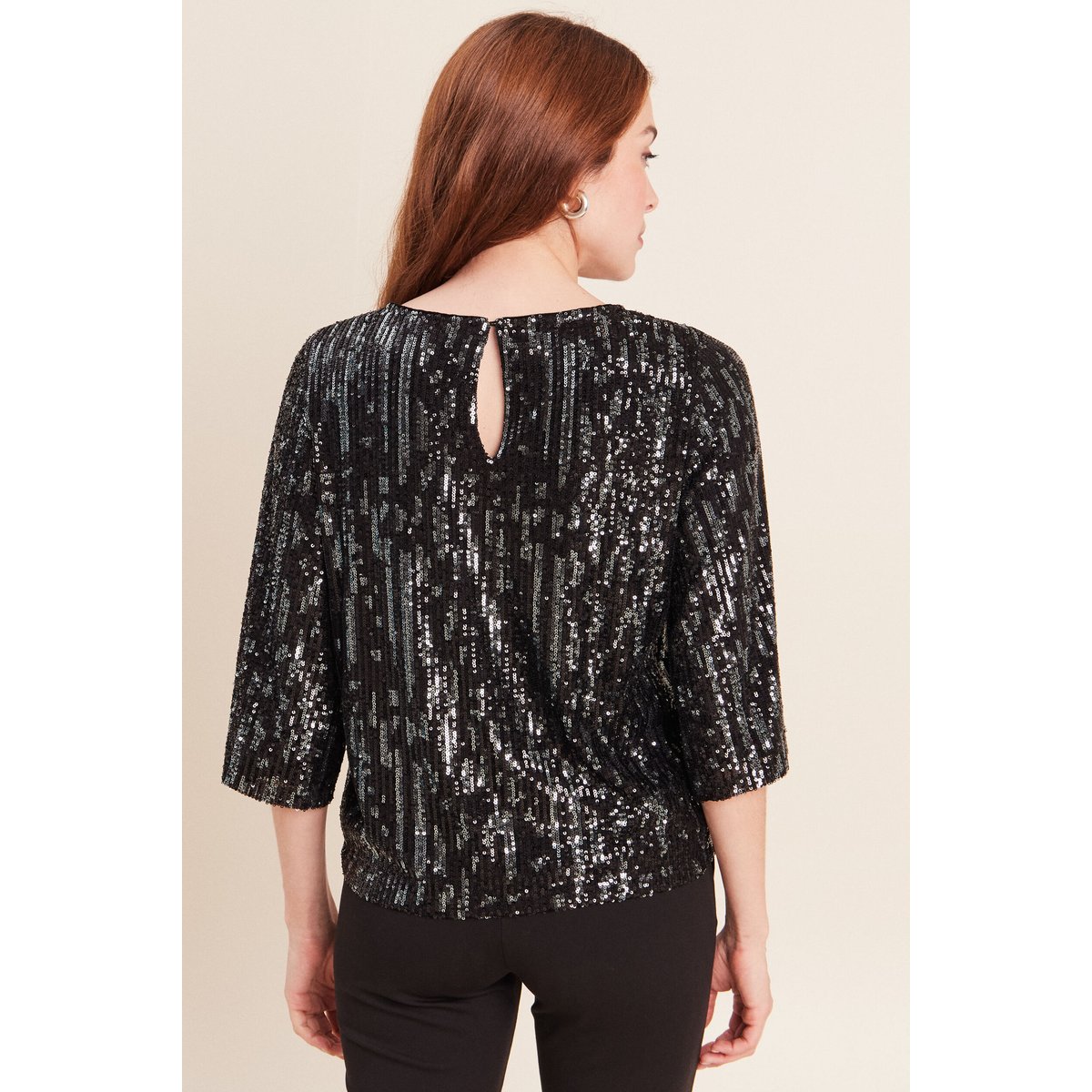 Blouse col v manches 3/4 à sequins gris foncé, BREAL