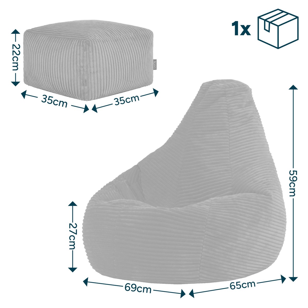 Pouf poire enfant à dossier haut avec repose-pieds carré assorti en velours côtelé Oeko-Tex® - DALTON bleu marine, ICON