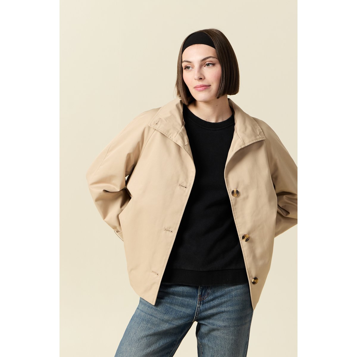 Trench droit court col montant beige, BONOBO