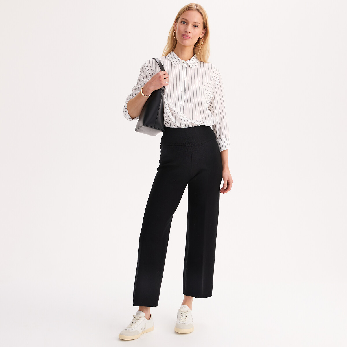 Pantalon large, 7/8ème, maille tricot noir, ANNE WEYBURN