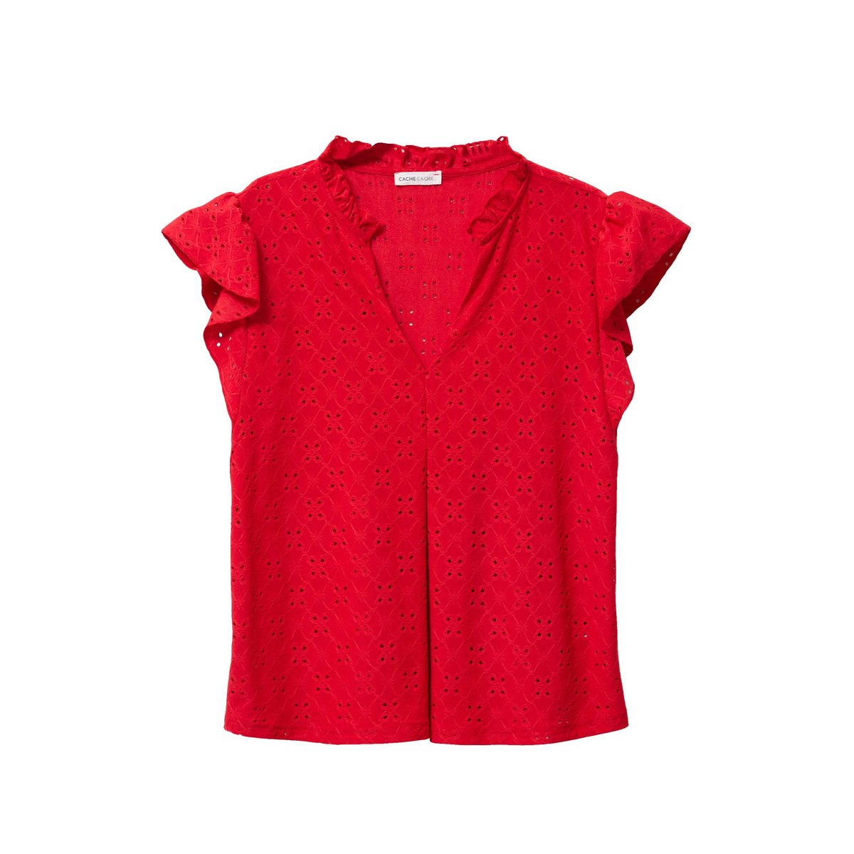 Blouse ajourée col v manches courtes rouge, CACHE CACHE