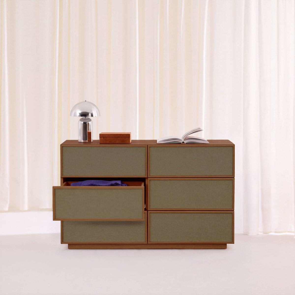 Commode de rangement décor bois et tissu 6 tiroirs KUBA naturel, SWEEEK