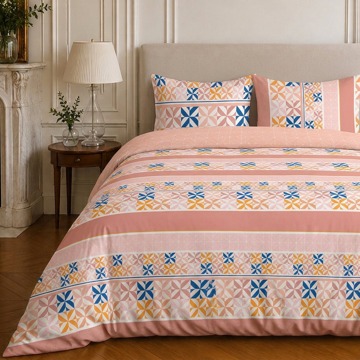 Parure de lit en microfibre motif géométrique, BLUEBERRY rose, C DESIGN HOME TEXTILE