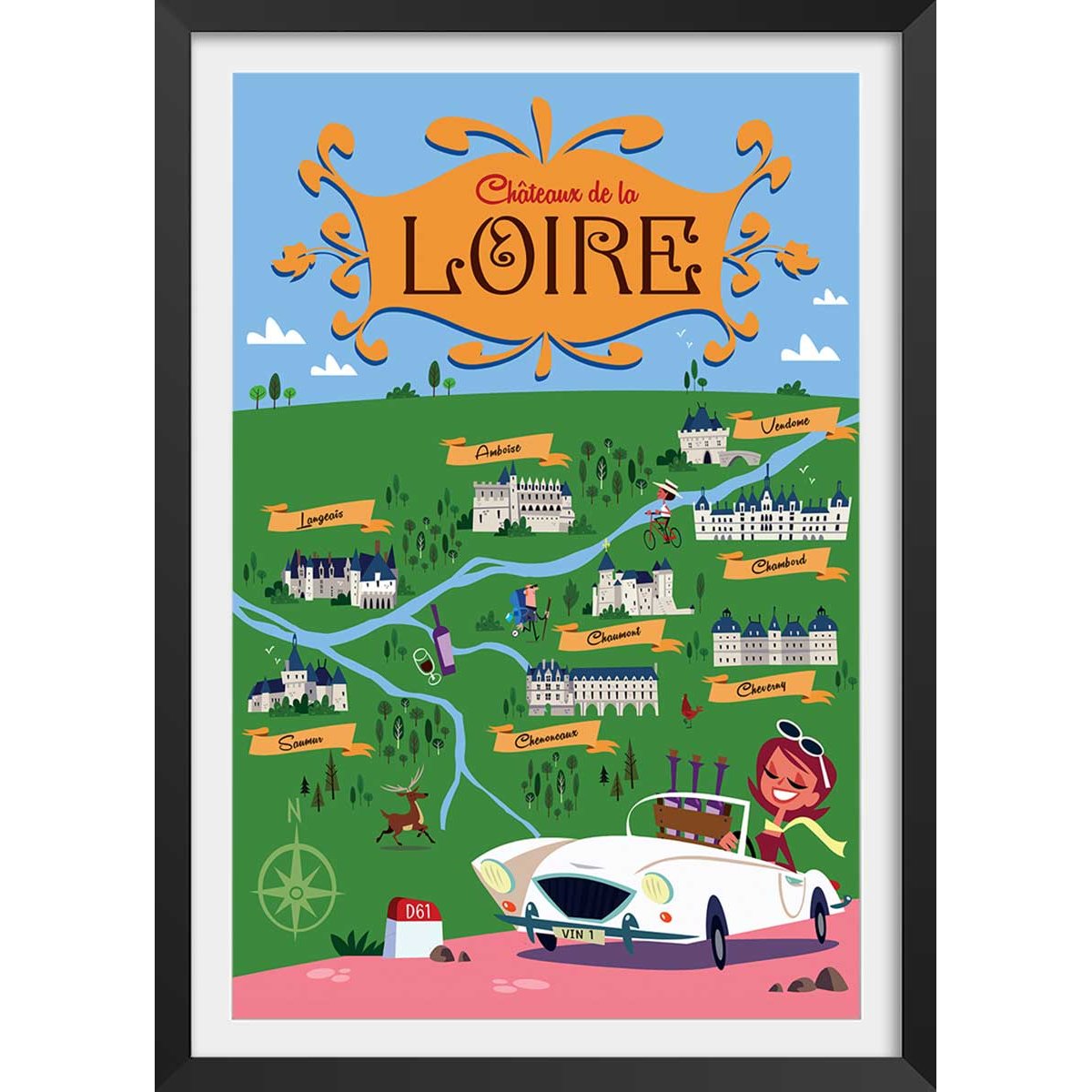 Poster sur la route des chateaux de la loire affiche + cadre en bois - noir, HEXOA