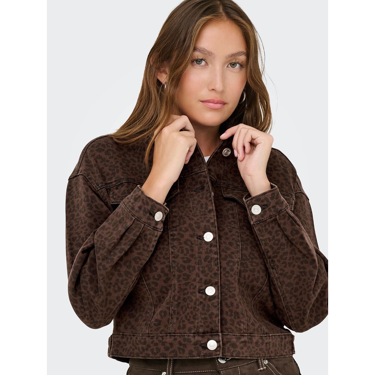 Veste léopard courte en denim imprimé léopard, ONLY