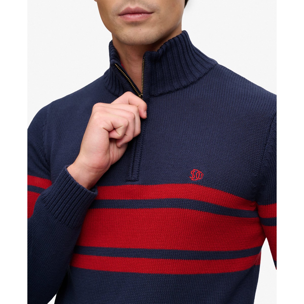Pull Rayé Demi-Zip Coupe Ajustée bleu marine/rayure rouge, SUPERDRY