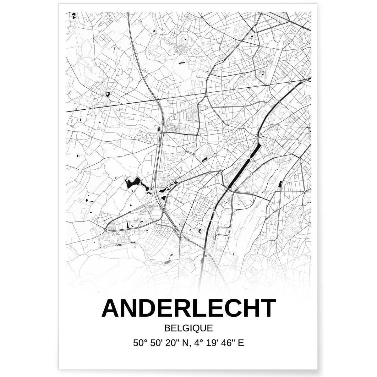 Affiche carte Anderlecht - rectangle Noir et Blanc blanc, L'AFFICHERIE