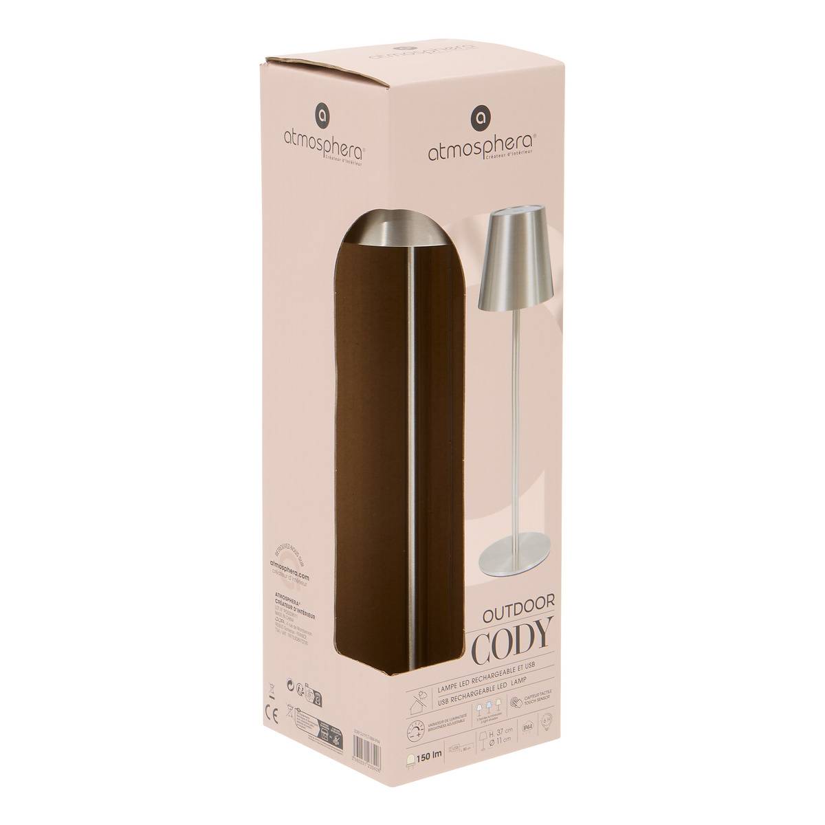 Lampe d'extérieur tactile H37cm CODY argent, ATMOSPHERA