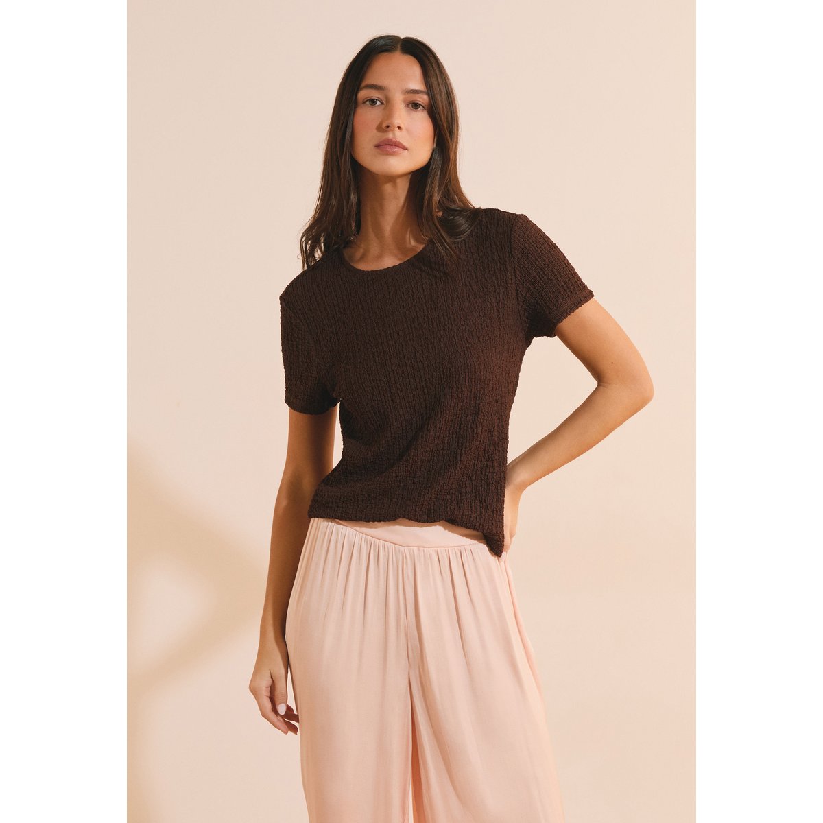 T-shirt manches courtes gaufré AUDREY chocolat, ETAM