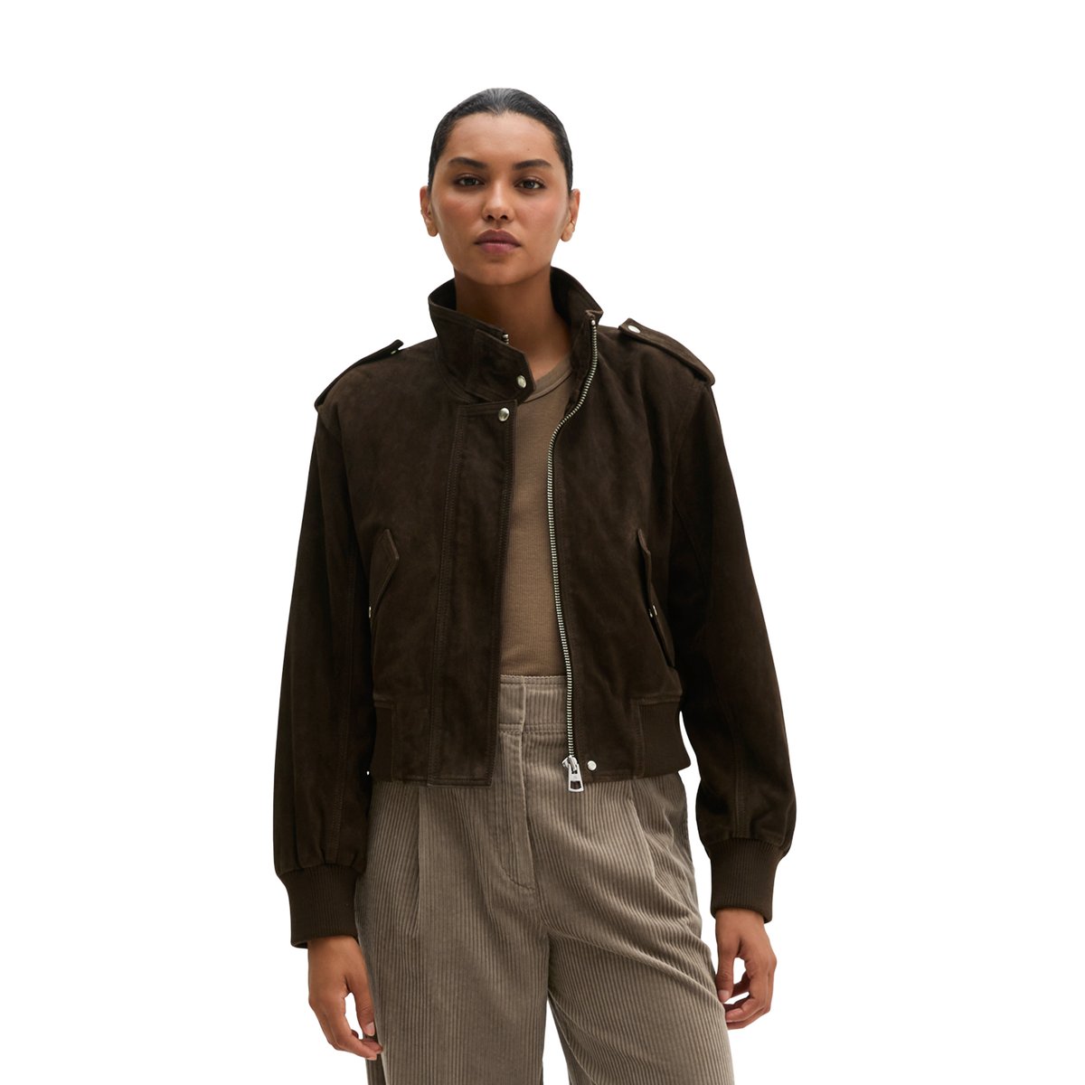 Blouson en cuir coupe classique en cuir de chèvre velours marron, MARC O'POLO