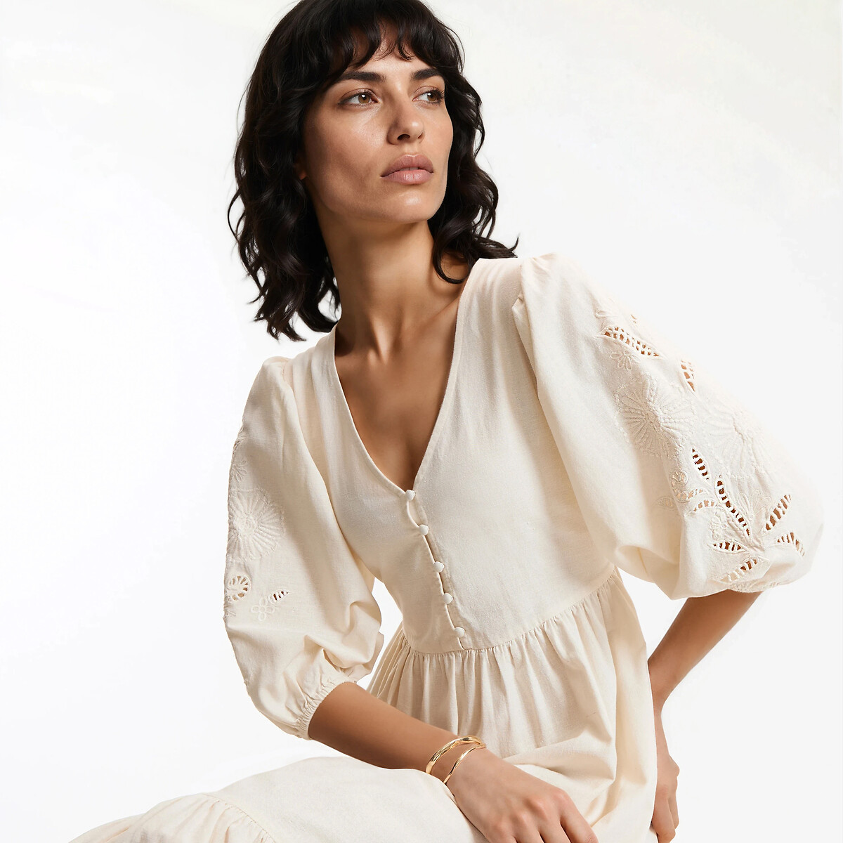 Robe longue col V manches brodées  ivoire brodé, LA REDOUTE COLLECTIONS