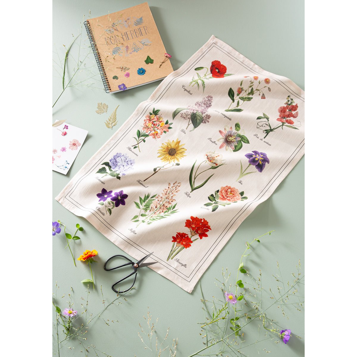 Torchon imprimé en coton et lin HERBIER blanc fleuri, COUCKE