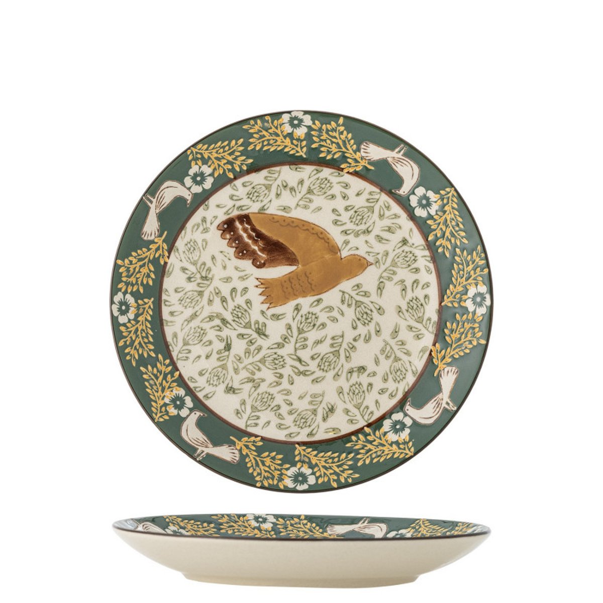 Petite assiette peinte oiseau colombe  HEZHA vert, BLOOMINGVILLE