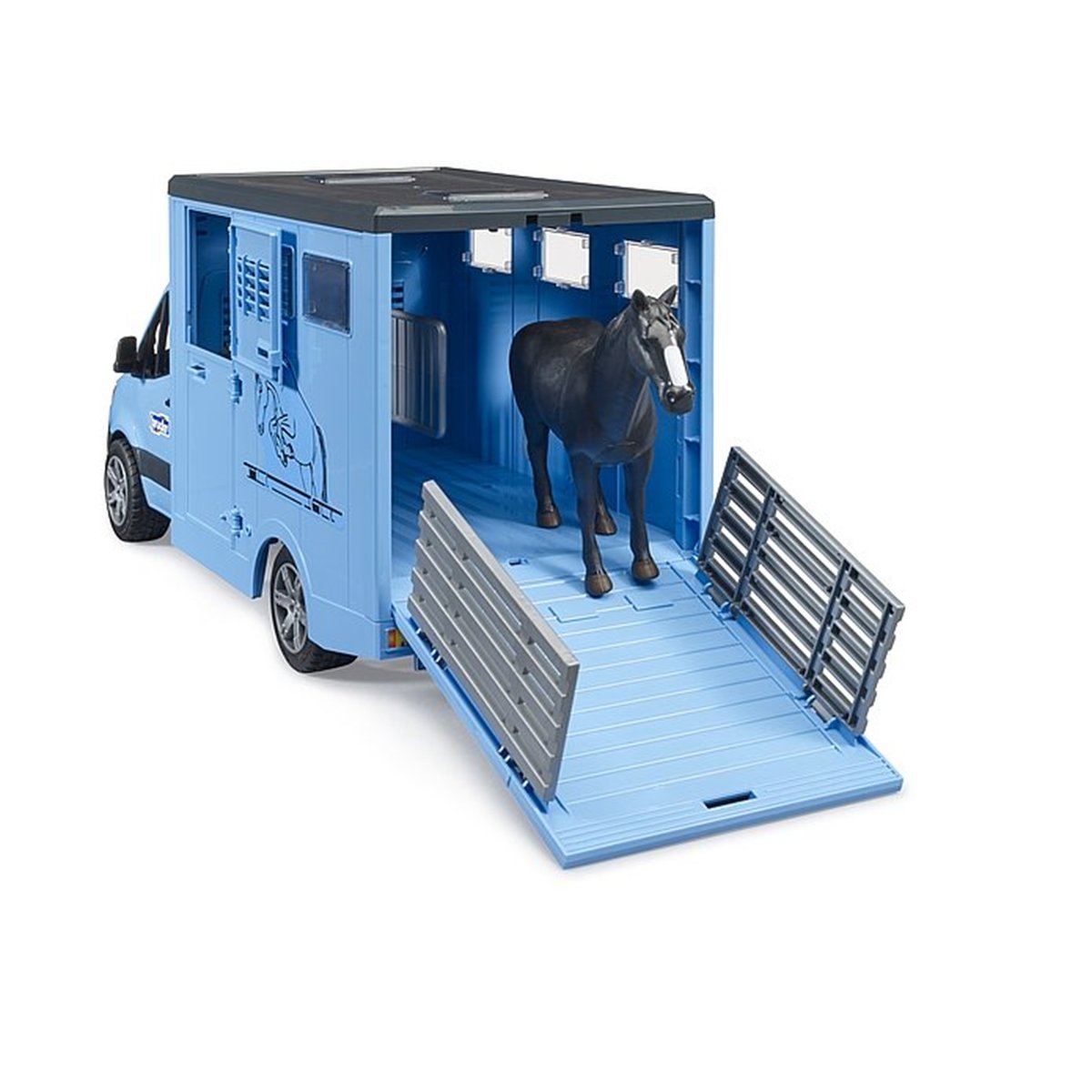 Camion Bétaillère Mercedes Benz Sprinter avec un cheval bleu, BRUDER