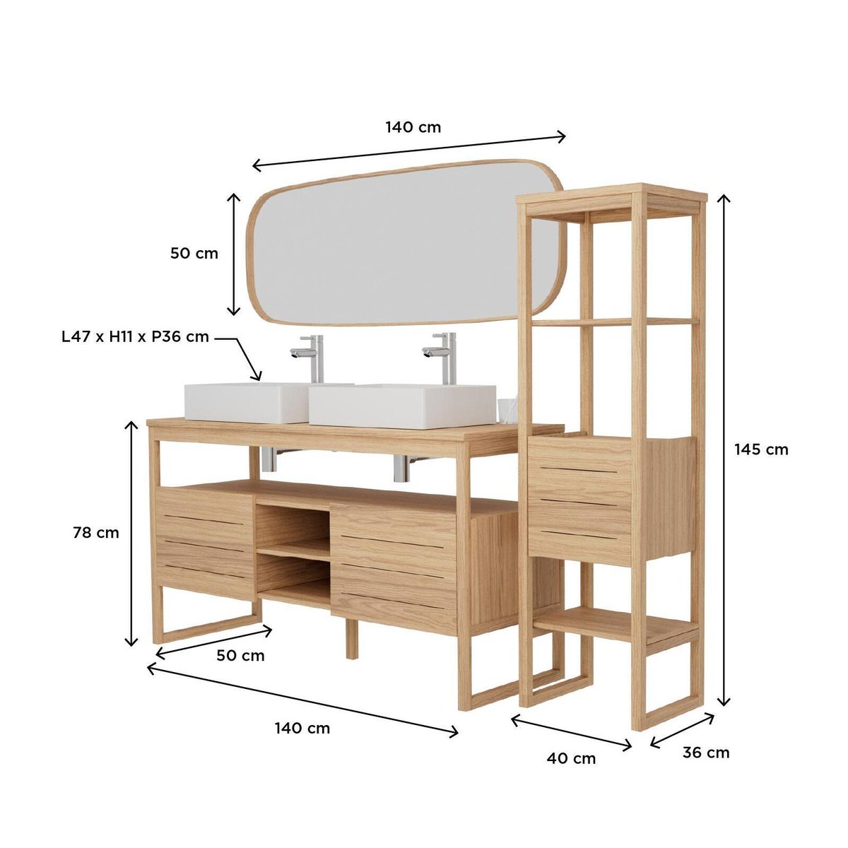 Ensemble meuble double vasque 140 cm + Vasques + Robinets + Miroir + Colonne ATOLL chêne - mdf - mat, MOB IN