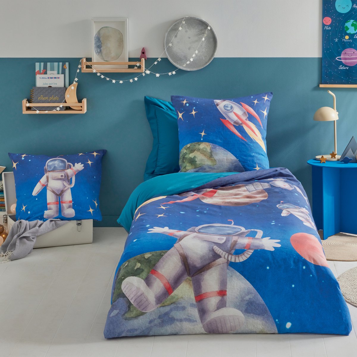 Taie d’oreiller enfant percale de coton astronaute et fusée bleu, TRADILINGE