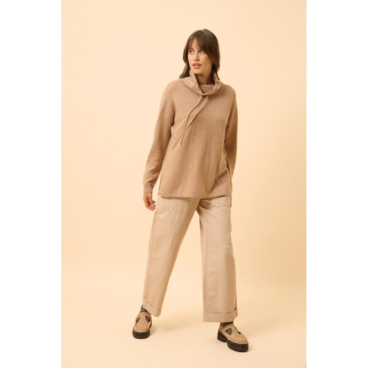 Pull Col Montant Cordon Coulissant Fentes Côtés Camel Chiné Melrose camel chiné, JUST CASHMERE