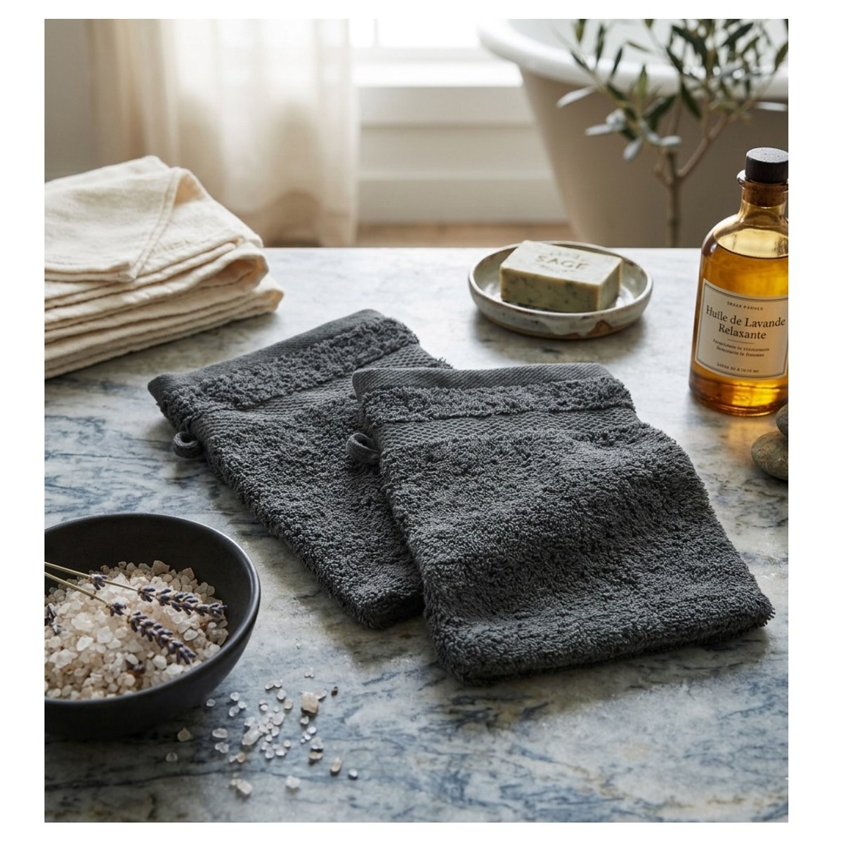 Lot de 2 gants de toilette Collection Elegante gris anthracite, EDEN