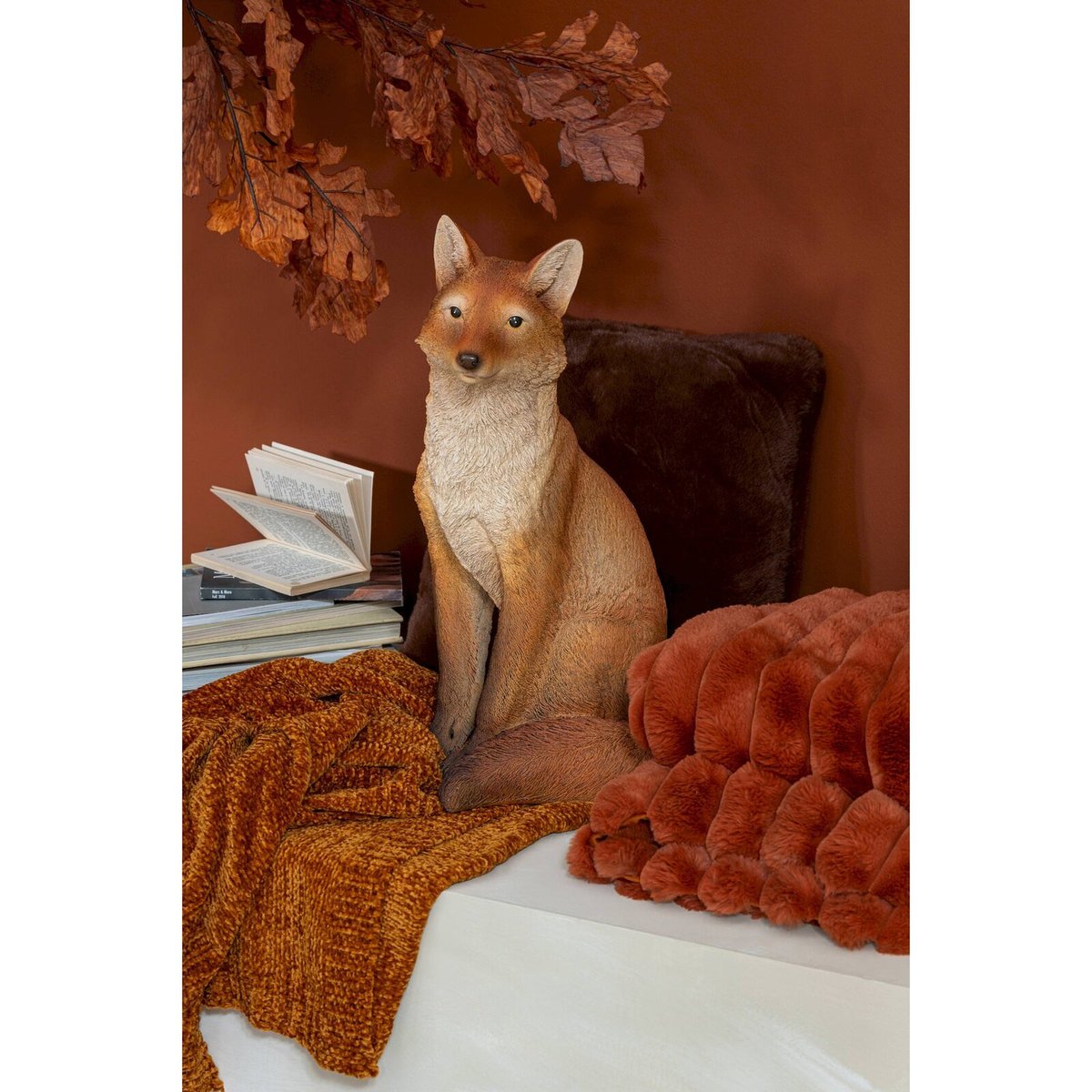 Figurine renard assis en résine effet poudre de chaux orange renard naturel, RECOLLECTION