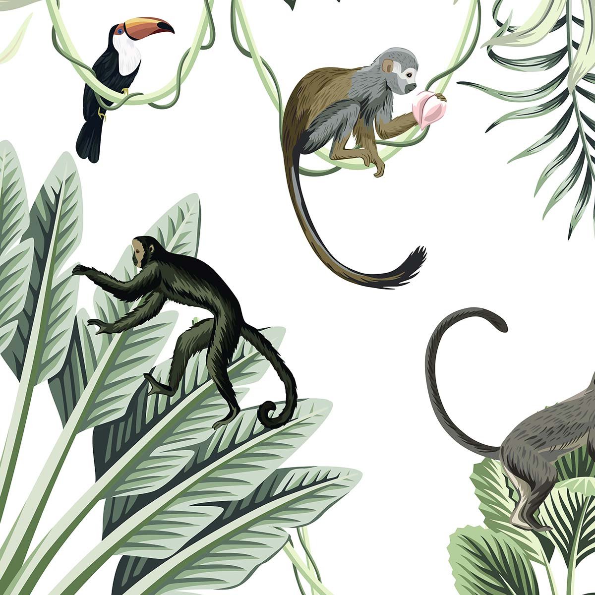 Papier peint panoramique singes et flamants tropicaux intissé, HEXOA