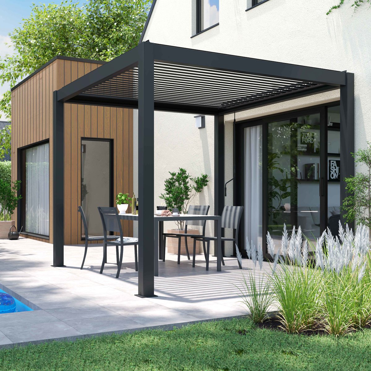 Pergola bioclimatique autoportée gris 3 x 3 x 2.57 m gris, OVIALA