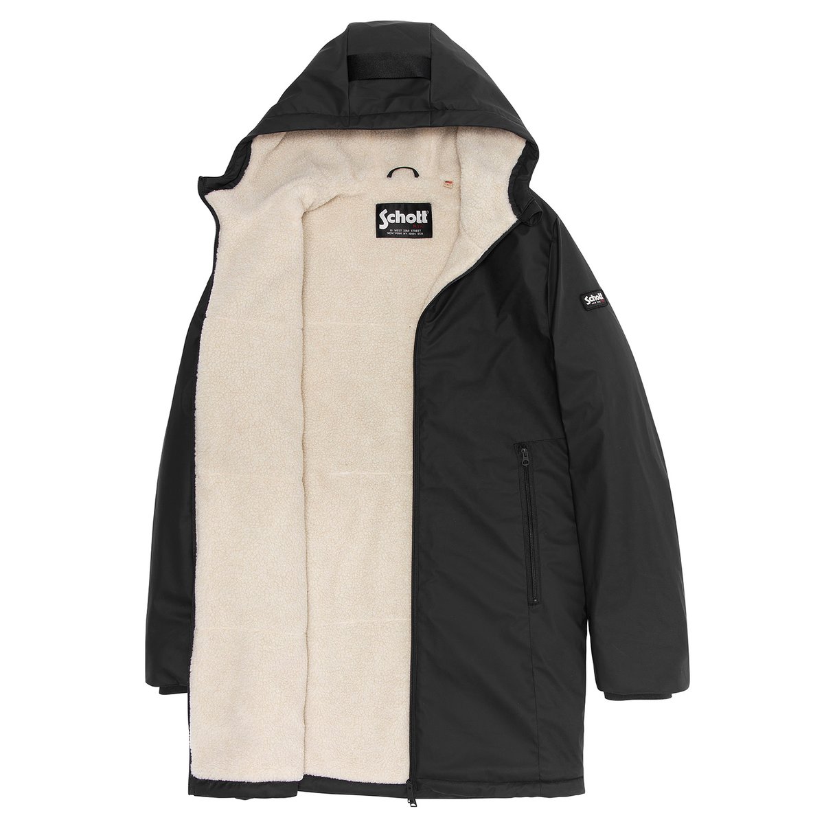 Coupe-vent long à capuche doublé sherpa noir, SCHOTT