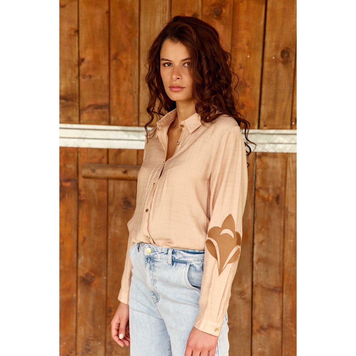 Chemisier manches longues col chemise imprimé broderie CLEMATITE 13-beige, LA PETITE ETOILE